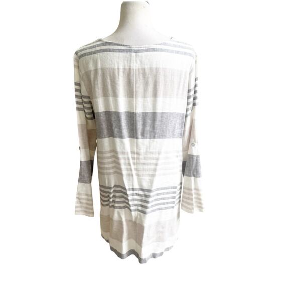 Toofan Linen Tunic Size Large Front Pockets Striped Crew Neck Neutral Colors - Picture 2 of 10